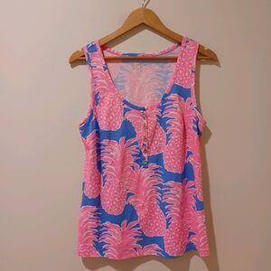 Lilly Pulitzer Merrill Top Blue Haven Little Flamenco Pineapple Print Size L